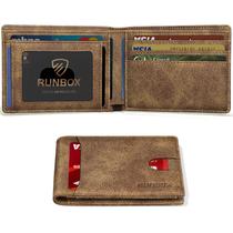Carteira fina RUNBOX de couro minimalista com duas dobras com bloqueio RFID
