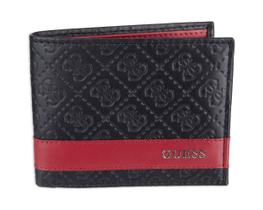 Carteira Guess Slim Bifold de Couro para Homens - Preta/Vermelha