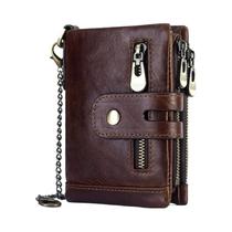 Carteira Masculina De Couro Genuíno RFID, Porta-cartões Curto, Bolso Para Moedas Com Zíper Duplo,