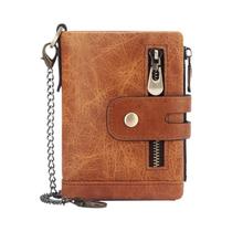 Carteira Masculina De Couro Genuíno RFID, Porta-cartões Curto, Bolso Para Moedas Com Zíper Duplo,