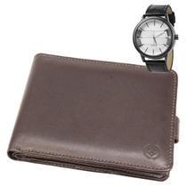 Carteira Masculina De Couro Legítimo Genuíno Grande Casual Documentos + Relógio Masculino