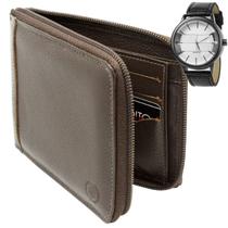 Carteira Masculina De Couro Legítimo Genuíno Zíper + Relógio Masculino Estiloso