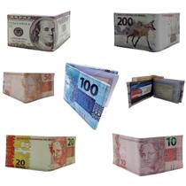 Carteira Masculina Estampada Notas Cédulas Super Slim Porta Documento Dinheiro Dolar Real Executiva