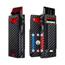 Carteira Masculina Slim De Couro Preto Com Bloqueio RFID E Suporte Para Cartões Pop-Up