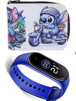 Carteira menino Stich e relógio digital a prova d agua infantil masculino super kit 2 em 1