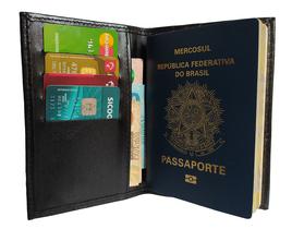 Carteira Porta Passaporte Cartões Dinheiro Em Couro