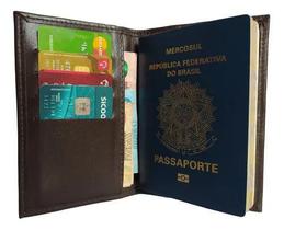 Carteira Porta Passaporte Cartões Dinheiro Em Couro