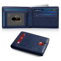 Carteira RUNBOX Slim Leather com duas dobras com bloqueio de RFID azul para homens