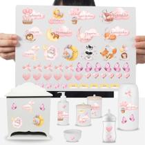 Cartela Adesivos Kit Higiene Enxoval Bebê Decoração Rosa DTF UV