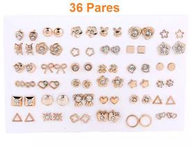 Cartela Brincos Sortidos Strass 36 Pares Dourado Morango Gato Lua Infinito Geométricos Laço Coração