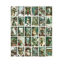 Cartões Vintage De Natal Verdes 30un. Decoração De Parede Com Design De Aldeias Projeto Artesanal
