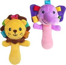 Cartoon Stuffed Animal Baby Soft Plush Hand Rattle Squeaker Sticks para crianças - elefante e leão