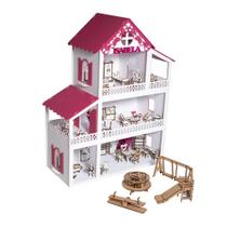 Casa Casinha De Boneca Branca pink 36 Móveis + Parquinho