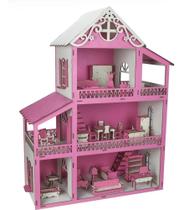 Casa Casinha De Boneca Madeira C/ Móveis Montada Rosa Branca