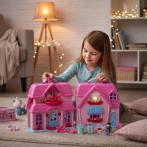 Casa de Boneca Infantil Maleta com Luz, Som, Móveis e Acessórios Portátil Pimpi