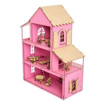 Casa de Boneca MDF para Montar Rosa Mini Móveis Linda Casinha Pink 3 Andares Mobiliada Completa