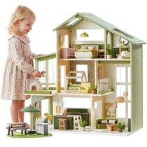Casa de Bonecas de Madeira Tiny Land Verde com 7 Cômodos e 49 Acessórios