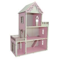 Casa Para Boneca Polly Pintada Rosa Bebê e Branco Trabalhado 60x45x20 Mdf Madeira