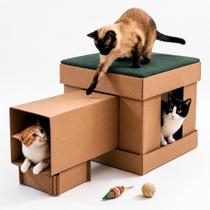 Casa para Gato de Papelão com Arranhador e Túnel Modular KUBO Toca com Almofada Casa para Gato de Papelão com Arranhador e Túnel Modular KUBO Toca com Almofada
