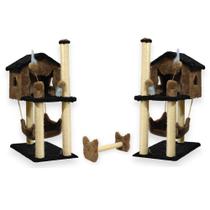 Casa Para Gatos Com Dois Andares Rede E Brinquedo Bolinha Poste Sisal Horizontal Cara de Gato