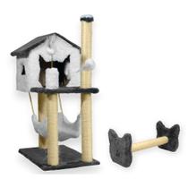 Casa Para Gatos Com Dois Andares Rede E Brinquedo Bolinha Poste Sisal Horizontal Cara de Gato