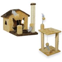 Casa Para Gatos Dois Andares Rede E Brinquedos Plataforma 2 Andares Poste Sisal