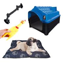Casa Pet N1 Dog Azul + Cama Preta + Brinquedos Sonoros Pet