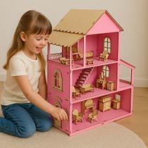 Casa Rosa Madeira Mdf Com Móveis Desenho Infantil Crianças Quarto