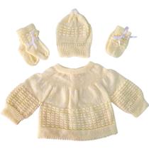 Casaco bebê fita 4 pças enxoval bebê rn gorrinho luvinha sapatinho de lã tricô - CONFECÇÕES CASTELO