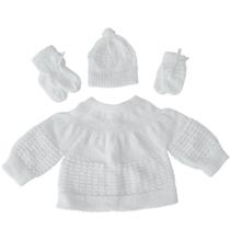 Casaco bebê fita 4 pças enxoval bebê rn gorrinho luvinha sapatinho de lã tricô