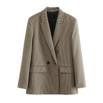 Casaco Blazer Feminino Xadrez - Duplo Breasted, Manga Comprida e Bolsos com Aba Casaco Blazer Feminino Xadrez - Duplo Breasted, Manga Comprida e Bolsos com Aba