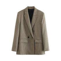 Casaco Blazer Feminino Xadrez - Duplo Breasted, Manga Comprida, Vintage e Estilo Chique Casaco Blazer Feminino Xadrez - Duplo Breasted, Manga Comprida, Vintage e Estilo Chique