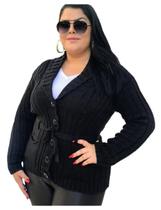 Casaco Blusa de Frio Botão Bolso Cinto Tricot Plus Size