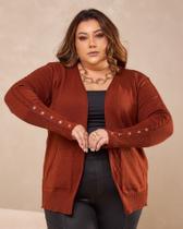 Casaco Cardigan Com Bolso E Botão Na Manga Trico Inverno