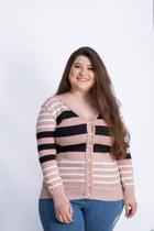 Casaco cardigan de tricot listrado feminino plus size blusa de frio malha - ROSA MINEIRA TRICOT