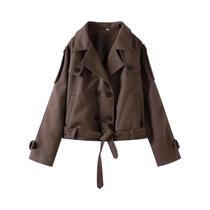 Casaco Curto Feminino De Tecido Liso Com Botões Duplos E Mangas Compridas Para Primavera E Outono