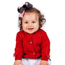 Casaco de Bebê Tricô Kids Com Fita e Laços Vermelho Casaco de Bebê Tricô Kids Com Fita e Laços Vermelho