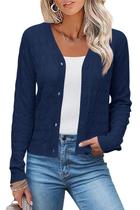 Casaco de crochê LOMON com botão e decote em V azul marinho para mulheres