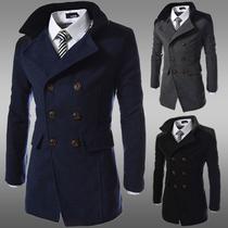 Casaco de inverno para homens, casaco longo de lã trespassado