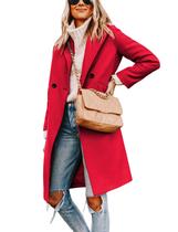 Casaco de lã de inverno Hooever para mulheres, casual, entalhe, lapela, vermelho