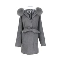 Casaco de Lã e Caxemira Feminino para Inverno - Gola de Pele de Raposa com Capuz