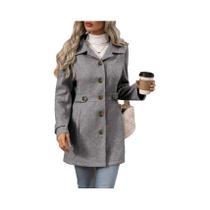 Casaco De Lã Elegante De Comprimento Médio Com Lapela E Botões Para Outono/Inverno