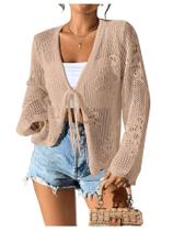 Casaco de lã Floerns Tie Front Crochet Beach Boho Feminino