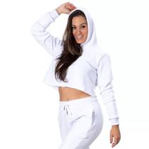 Casaco De Moletom Grosso Cropped Com Capuz Branco