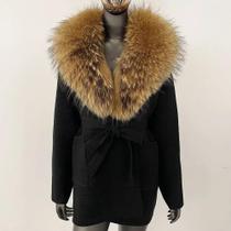Casaco de Pele de Raposa Verdadeira para Inverno - Cardigan Feminino com Capuz e Manga Longa