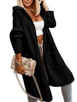 Casaco de Suéter Feminino Aoysky - Cardigan Longo com Capuz - Preto