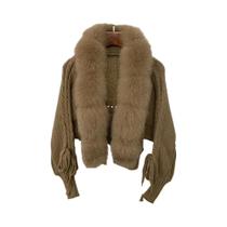 Casaco De Tricô Feminino De Inverno Com Pele De Raposa Real Jaqueta Casual Curta Quente Moda 2024