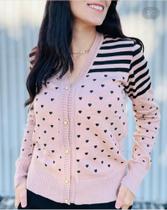 Casaco de tricot listras com corações rosa antigo m blusa de frio malha - ROSA MINEIRA TRICOT
