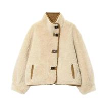 Casaco De Veludo De Cordeiro Dupla Face Para Mulheres, Gola Alta, Botão Único, Jaqueta Curta Com Casaco De Veludo De Cordeiro Dupla Face Para Mulheres, Gola Alta, Botão Único, Jaqueta Curta Com