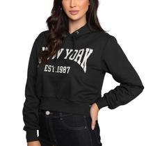 Casaco Feminina Cropped Moletom com Estampa e Capuz